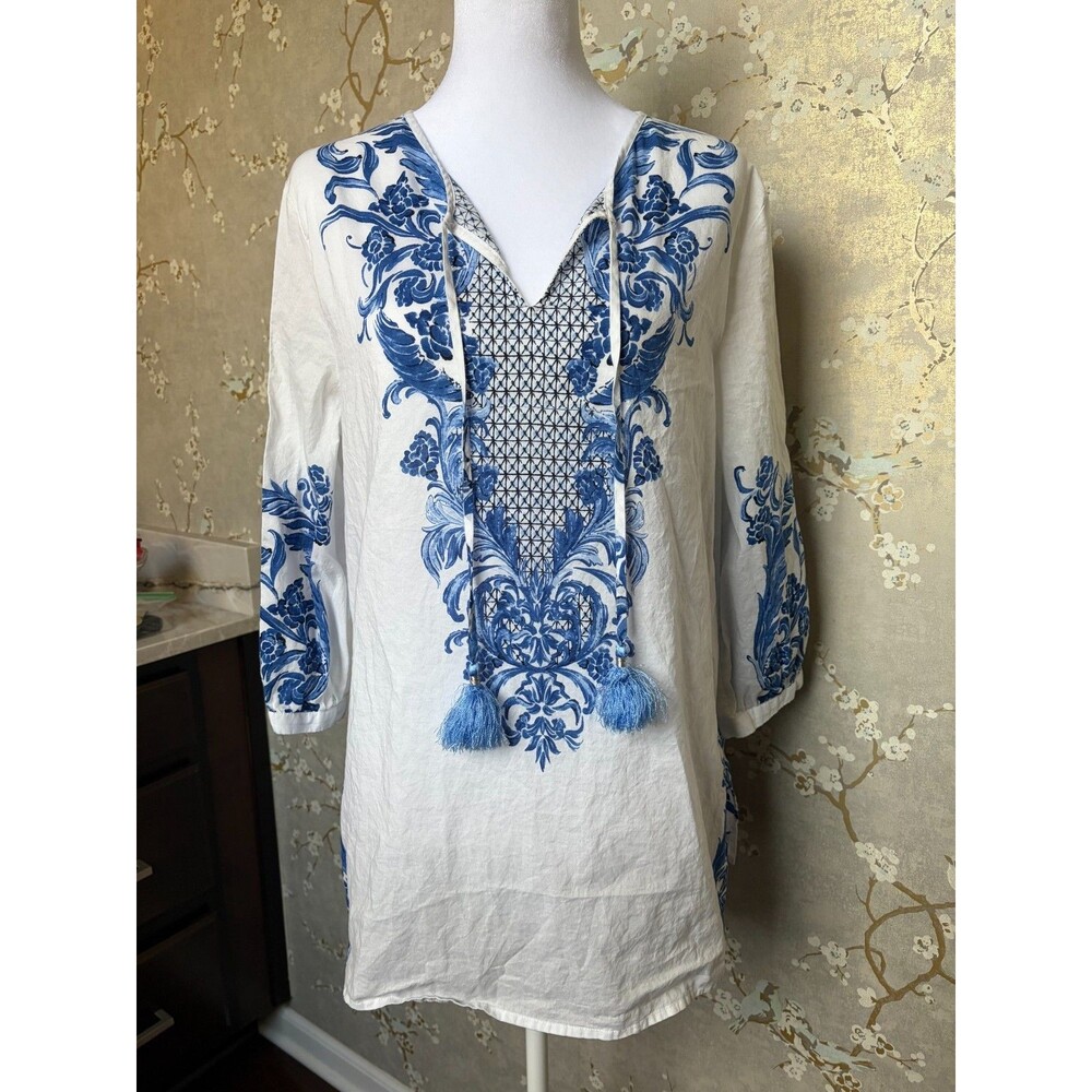 Chico's Blue White Baroque Embroidered Tunic Blouse Sz 2 / Small Tassel Tie Boho
